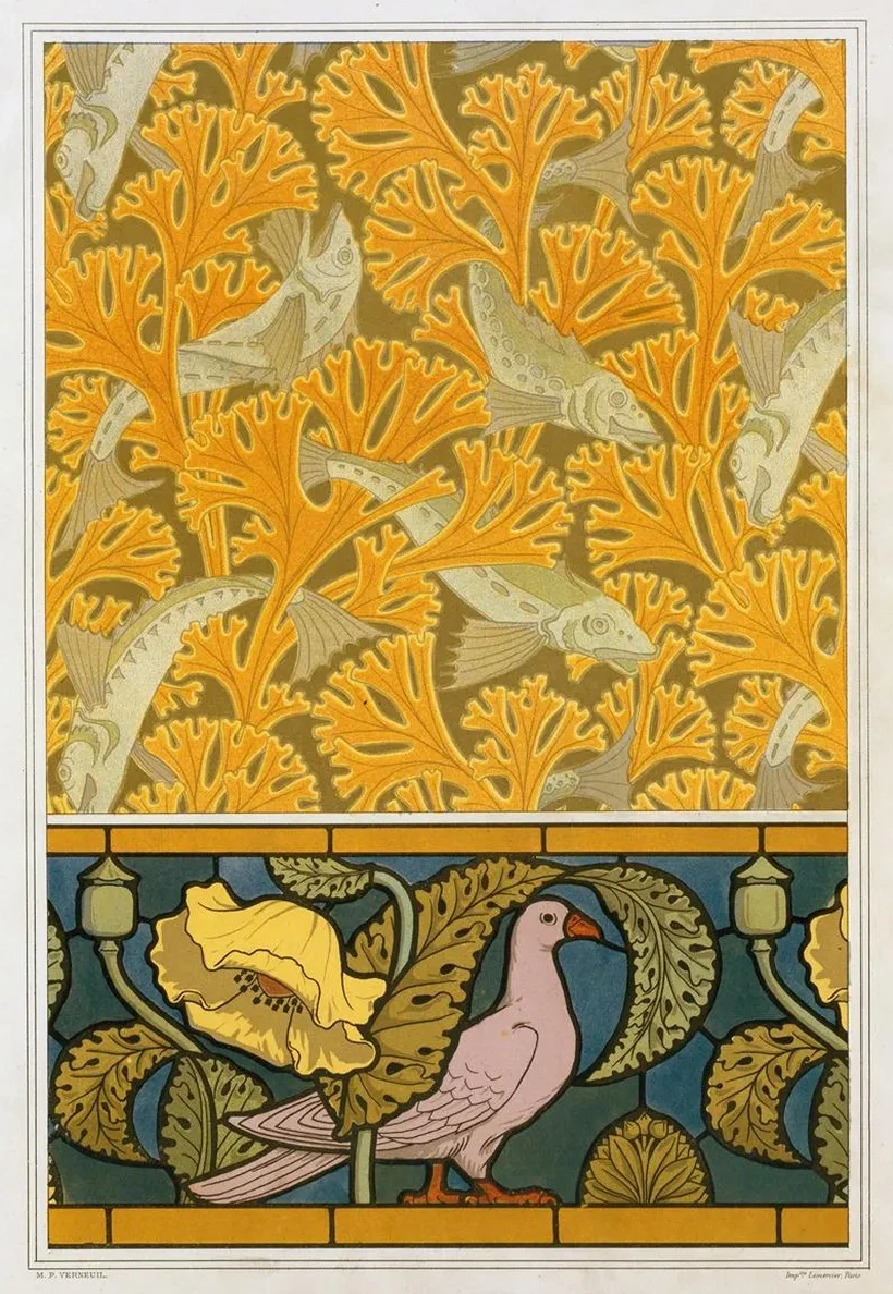 Poisson et Algues, Papier Peint Pigeon et Pavots, Bordure de Vitrail