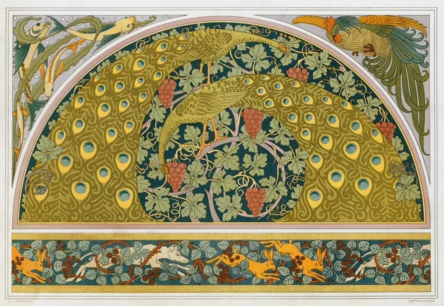 Poissons et Algues, Coq, Coin on Paons et Vigne LI Vres, Chiens et Ronces, Bordure