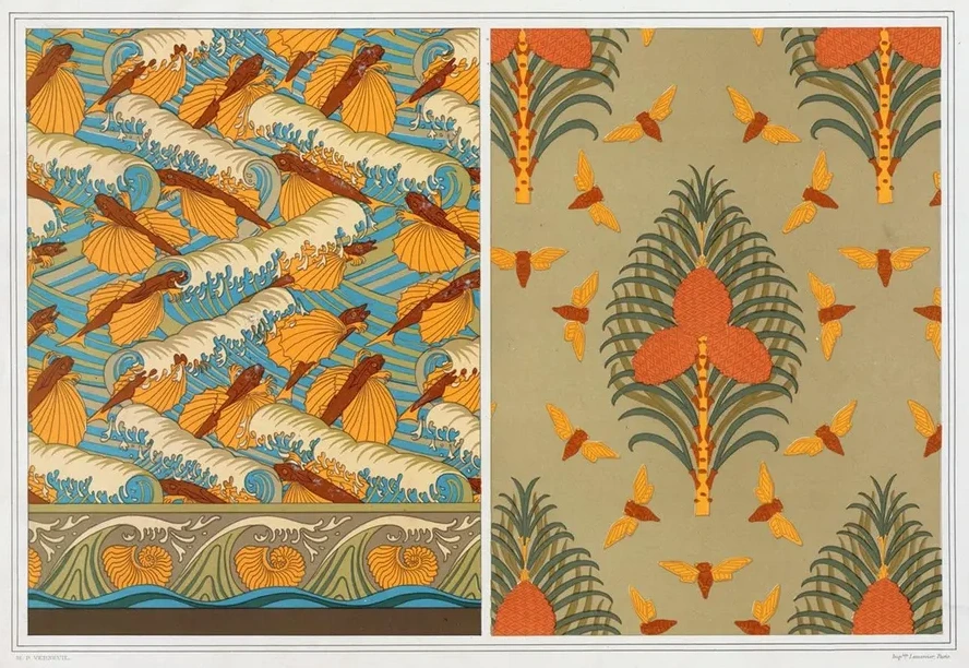 Poissons Volants et Vagues, Papier Peint. Cigales et Pin, Papier Peint. Coquilles de Nautiles, Bordure