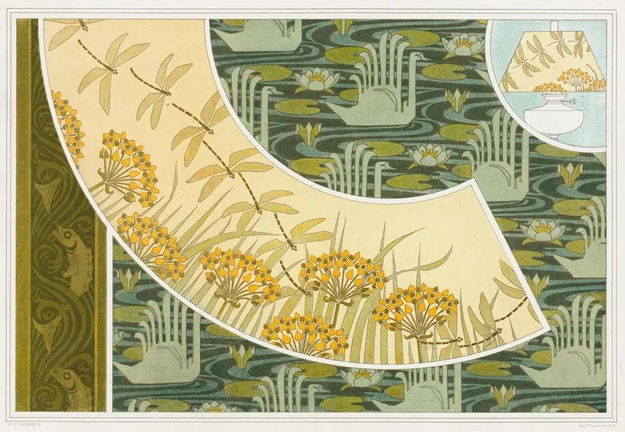 Poissons. Frise Au Pochoir. Libellules et Butome, Abat - Jour. Cygnes et N Nuphars, Velours Imprim