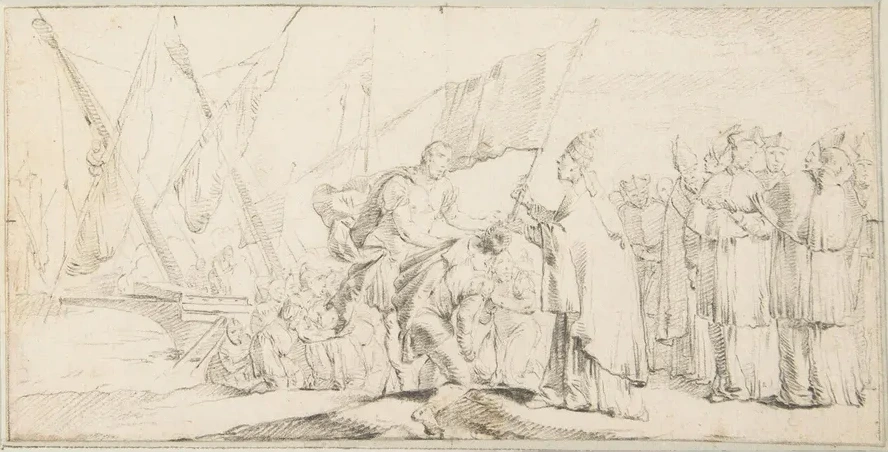 Pope Handing a Banner to a Crusader, with Ships in the Background