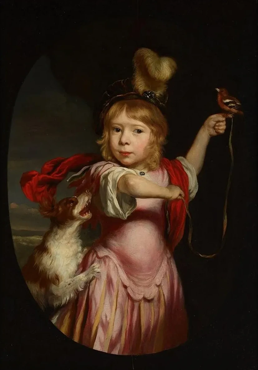 Portrait of a Boy in Classical Dress with a Bullfinch and Spaniel
