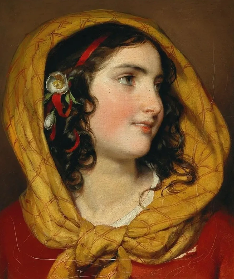 Portrait of a Girl with a Red Hairband and a Yellow Headscarf