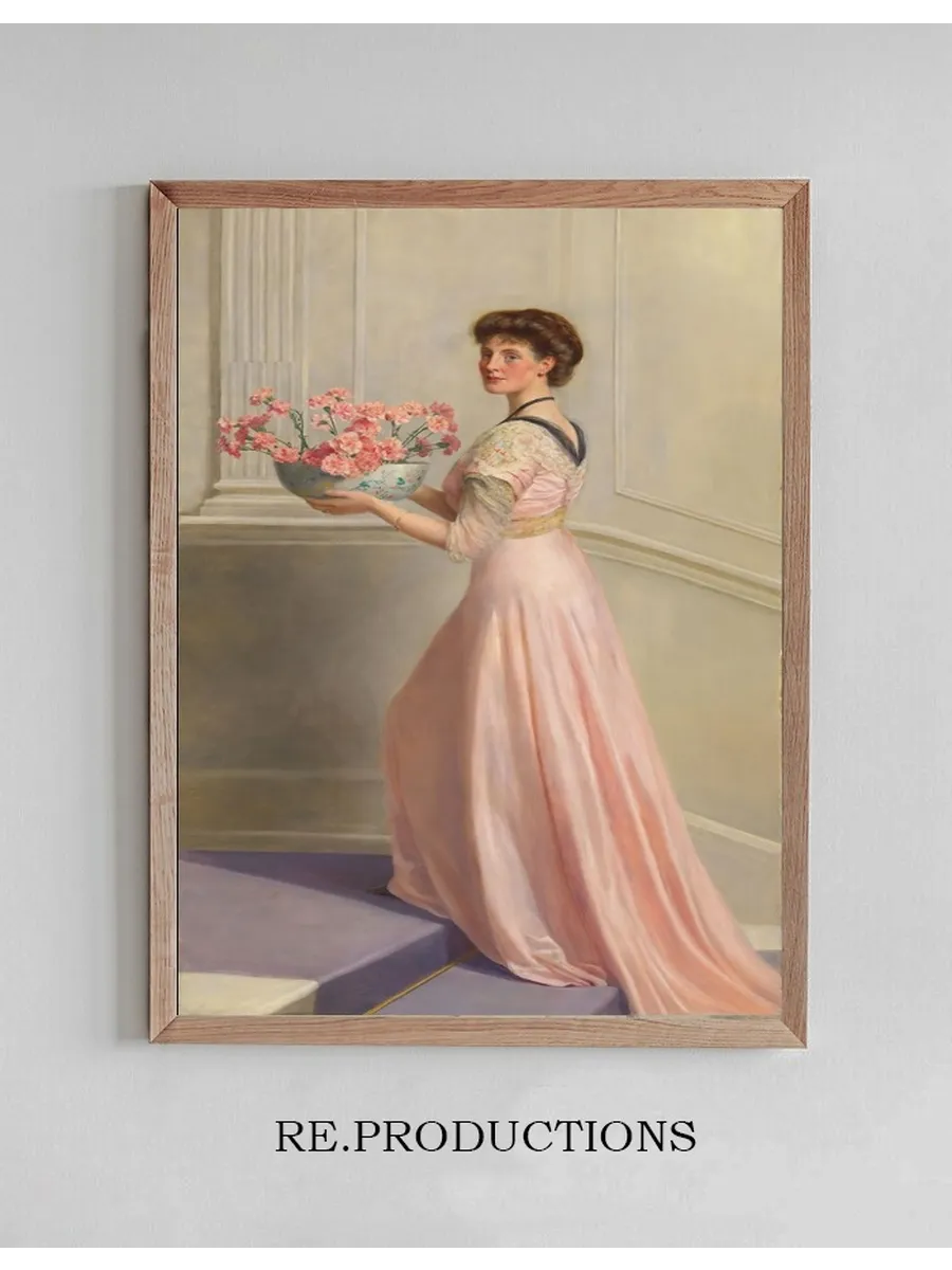 Portrait of a Lady in Pink Carrying a Bowl of Pink Carnations