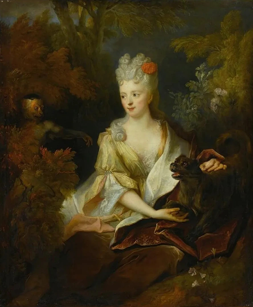 Portrait of a Lady Seated in a Landscape with Her Pet Dog and a Monkey