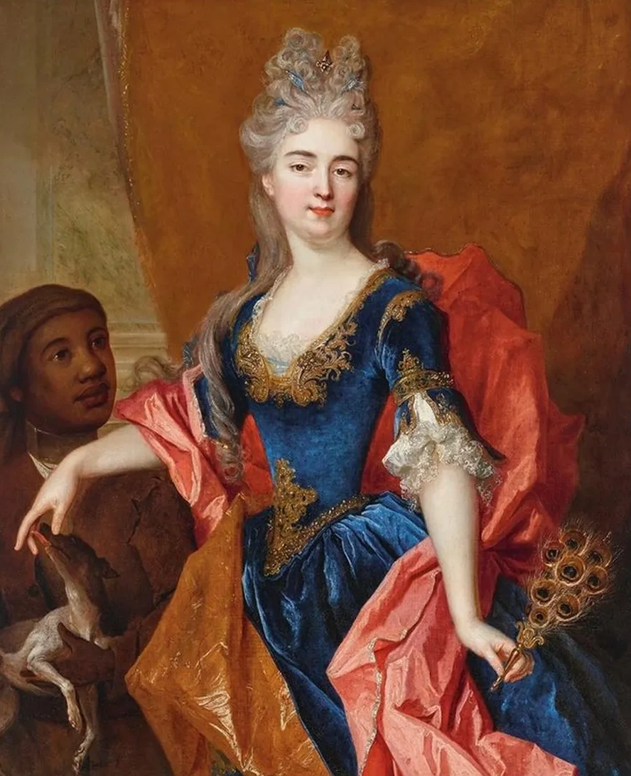 Portrait of a Lady, Holding a Peacock Feather Fan with Her Servant, Holding a Dog