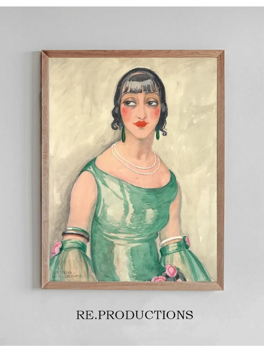 Portrait of a Woman in Green Dress and Pearls