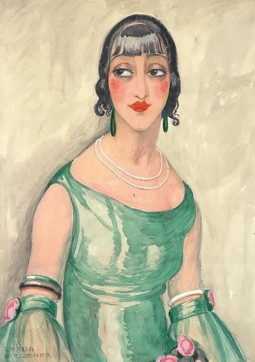 Portrait of a Woman in Green Dress and Pearls