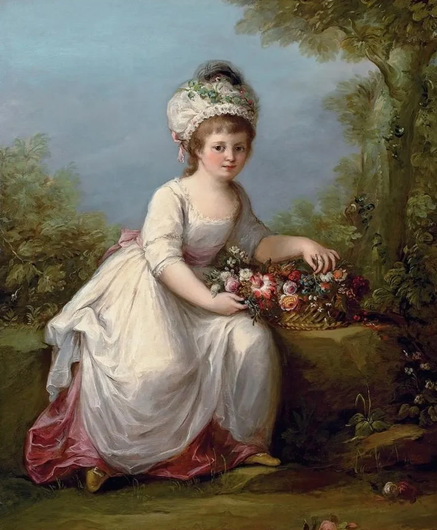 Portrait of a Young Girl, Full - Length, Seated in a White Dress with a Basket of Flowers, in a Landscape