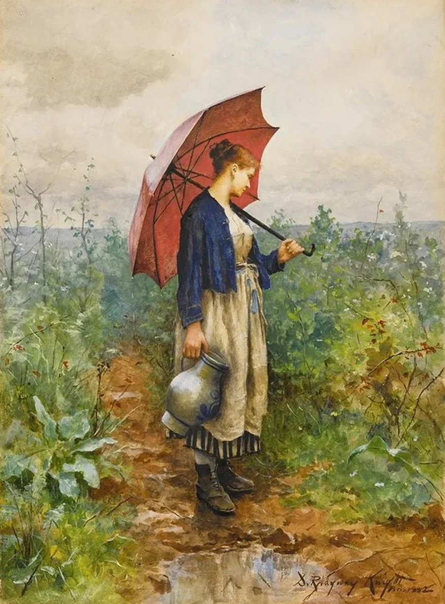 PortraitOf a Woman With Umbrella Gathering Water