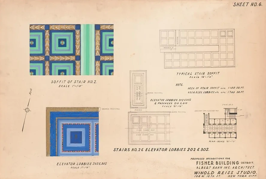 Proposed Decorations for Fisher Building, Detroit. Soffit of Stair No. 2. Elevator Lobbies 202 & 302
