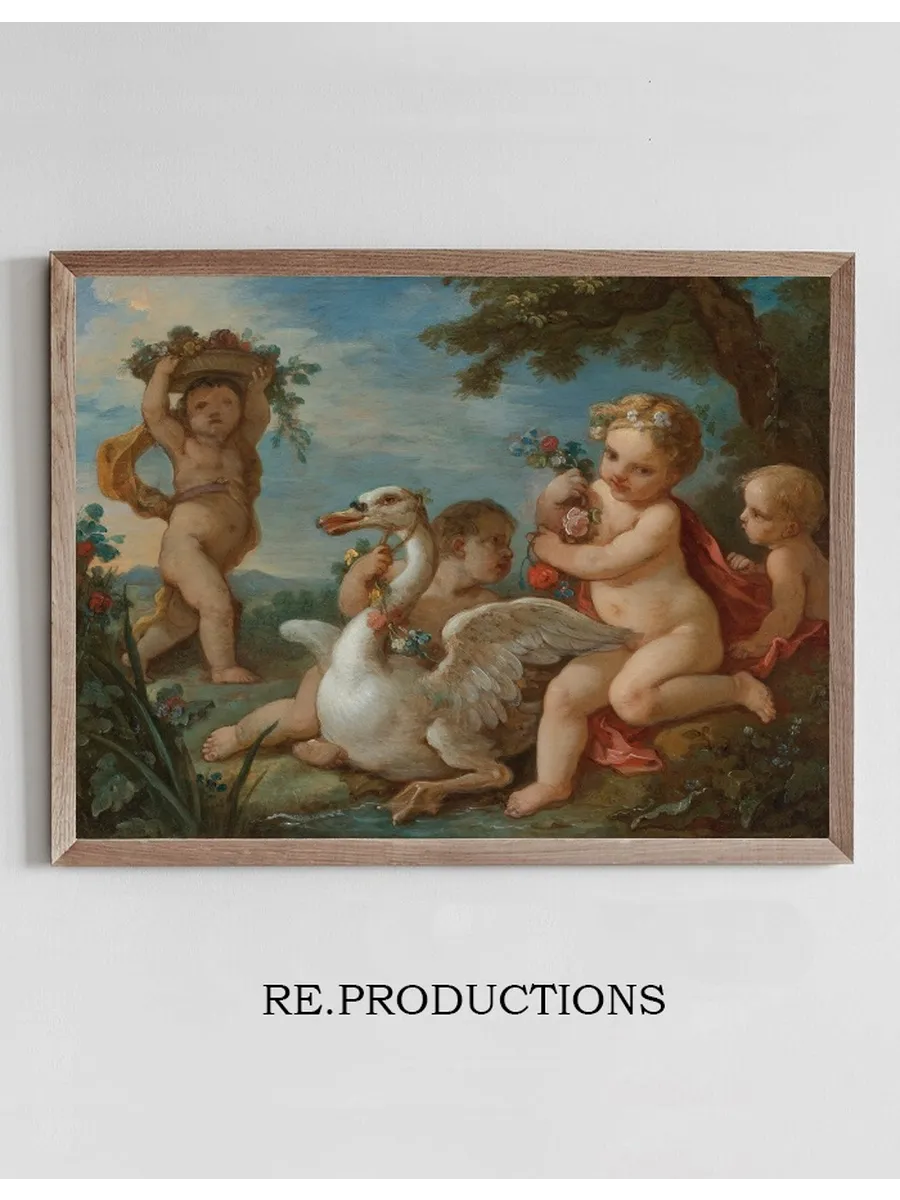 Putti Adorning A Swan With A Garland Of Flowers