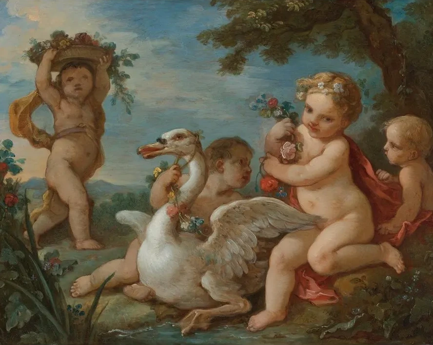 Putti Adorning A Swan With A Garland Of Flowers