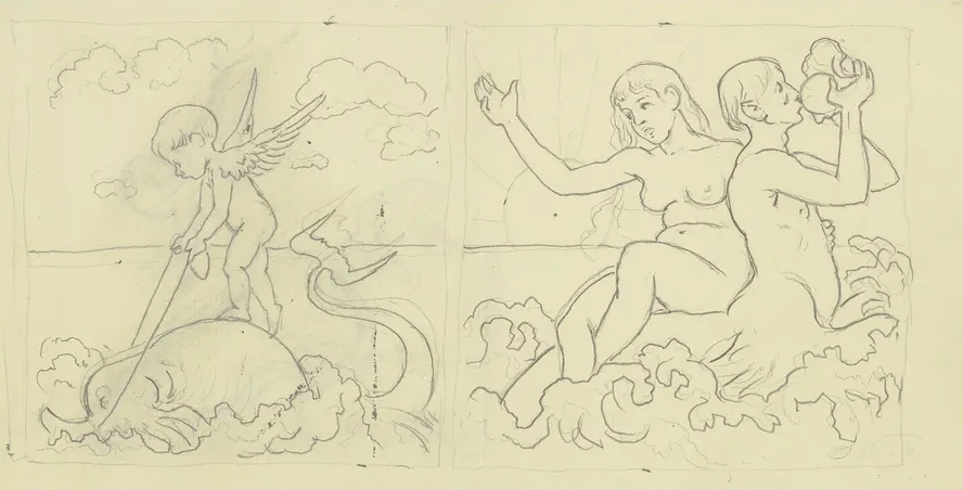 Putto Auf Delphin, Tritonenpaar (kachelentw Rfe)