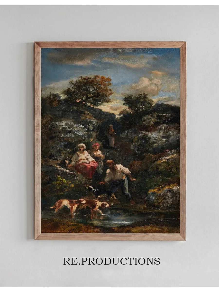 Quatre Boh miens Et Chiens, Une Mare Pr's De Rochers