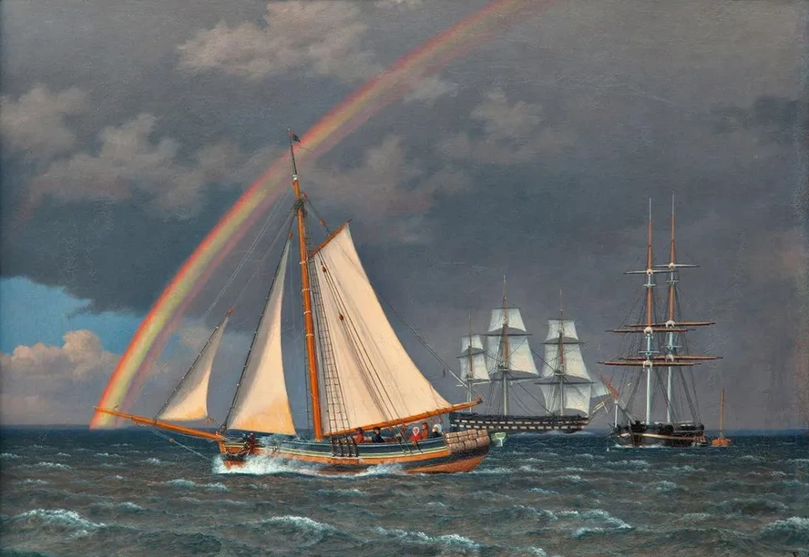Rainbow at Sea and a Crossing Hunt with Other Ships