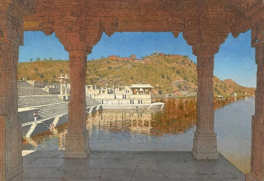 Rajnagar. Marble Embankment Decorated with Bas - Reliefs on a Lake in Udaipur