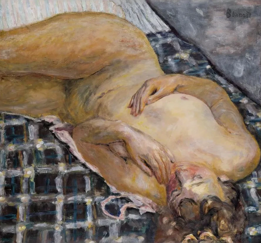 Reclining Nude against a White and Blue Plaid