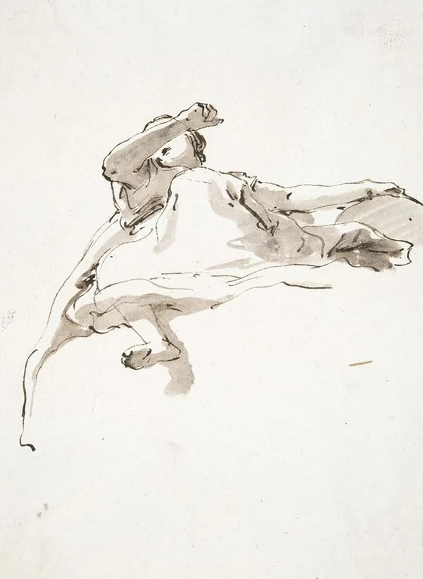 Reclining Female Figure, Left Hand Resting on Globe, Right Arm Raised in Front of Face, Seen Frombelow
