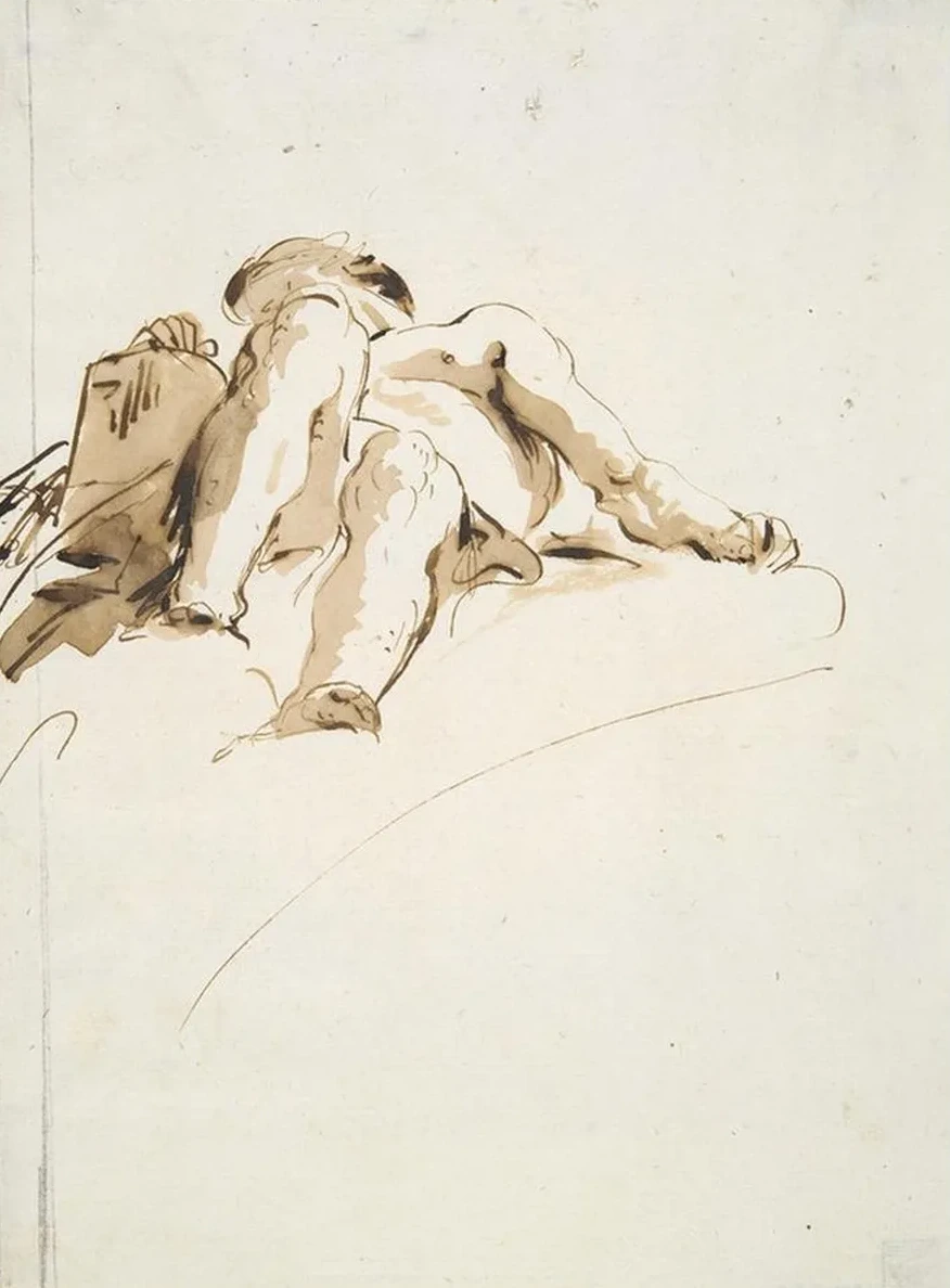 Reclining Male Nude with Right Hand Resting on a Stone Tablet, Seen Frombelow