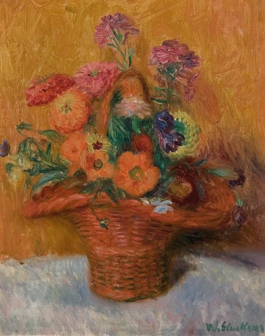 Red Basket of Zinnias