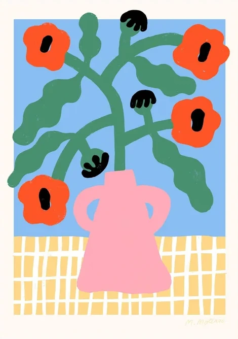Red Poppies in Pink Vase