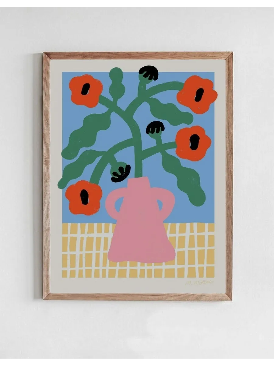 Red Poppies in Pink Vase