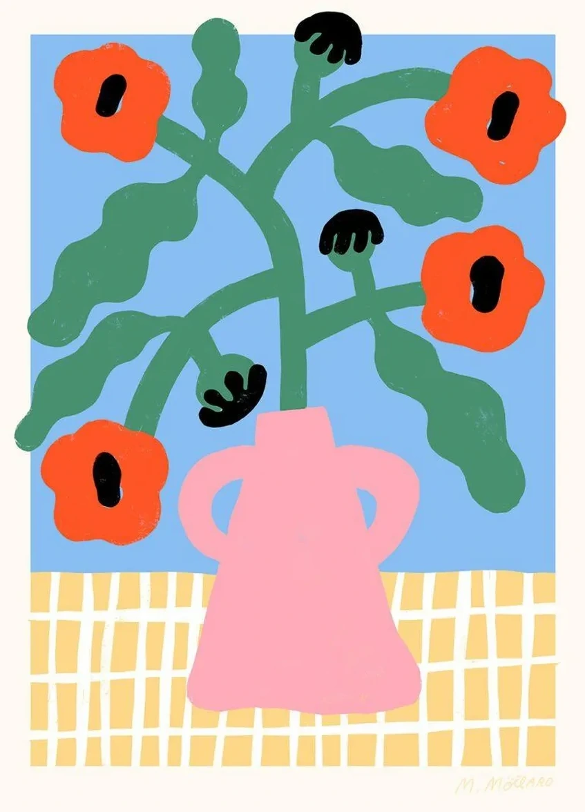 Red Poppies in Pink Vase