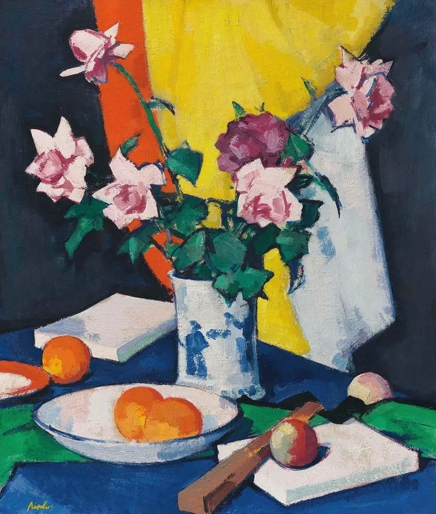 Red and Pink Roses, Oranges and Fan