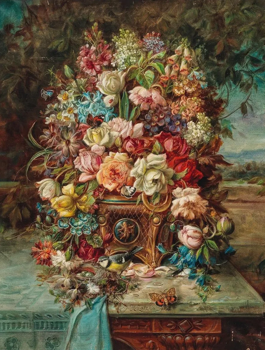 Reiches Blumenstillleben Mit Blaumeise Vor Einer Weiten Landschaft