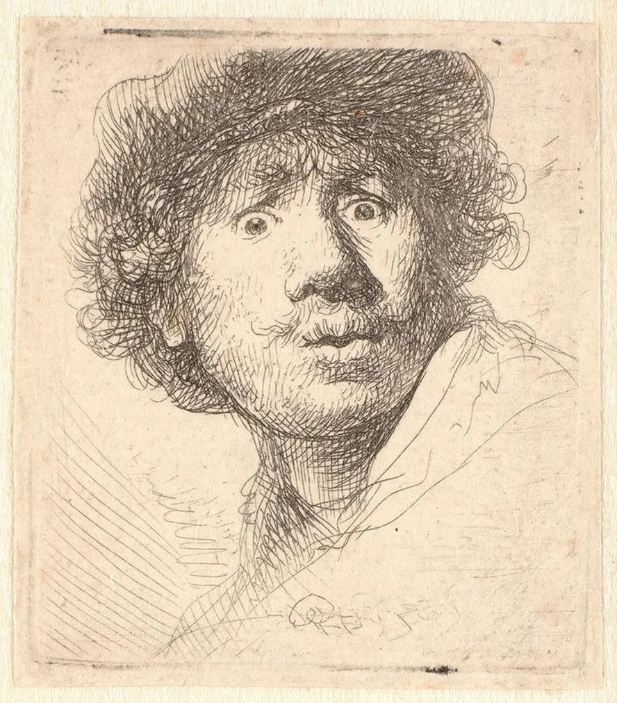 Rembrandt in a Cap, Open Mouthed and Staring Bust in Outline