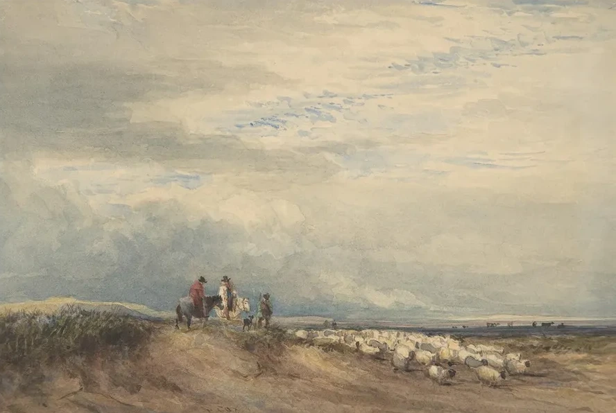 Riders with Sheep Near an Estuary