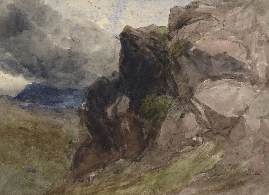 Rocky Landscape in Wales with Figure Drawing in the Foreground to the Right