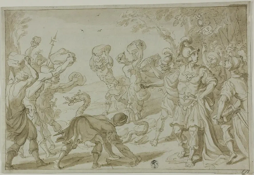 Roman Soldiers Stoning a Serpent