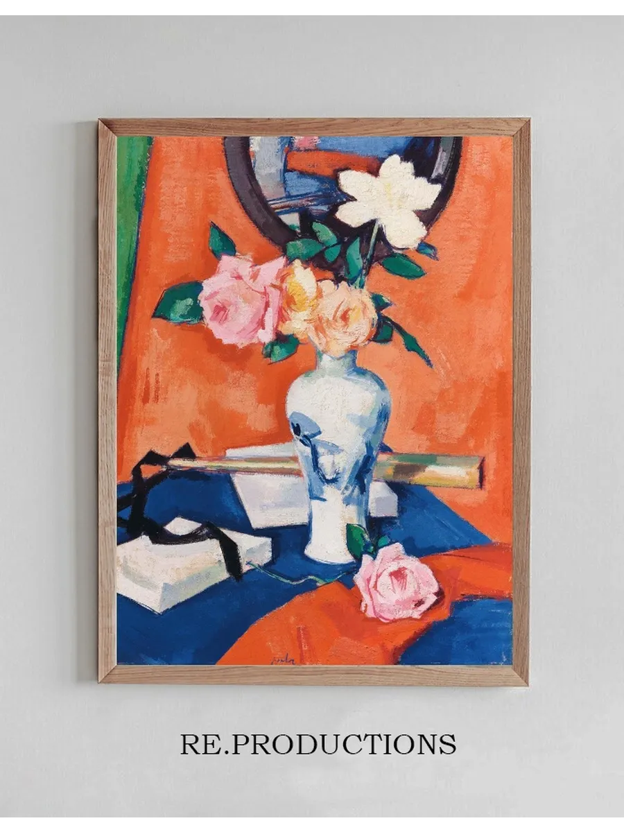 Roses in a Vase Against an Orange Background