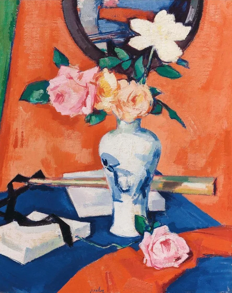 Roses in a Vase Against an Orange Background