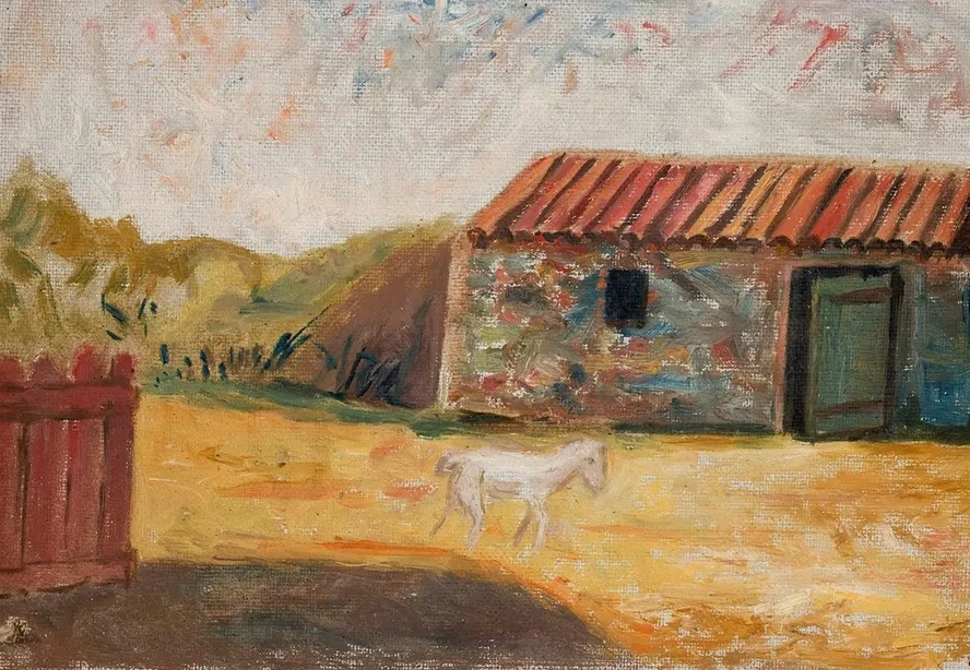 Rural Farmstead with a White Foal