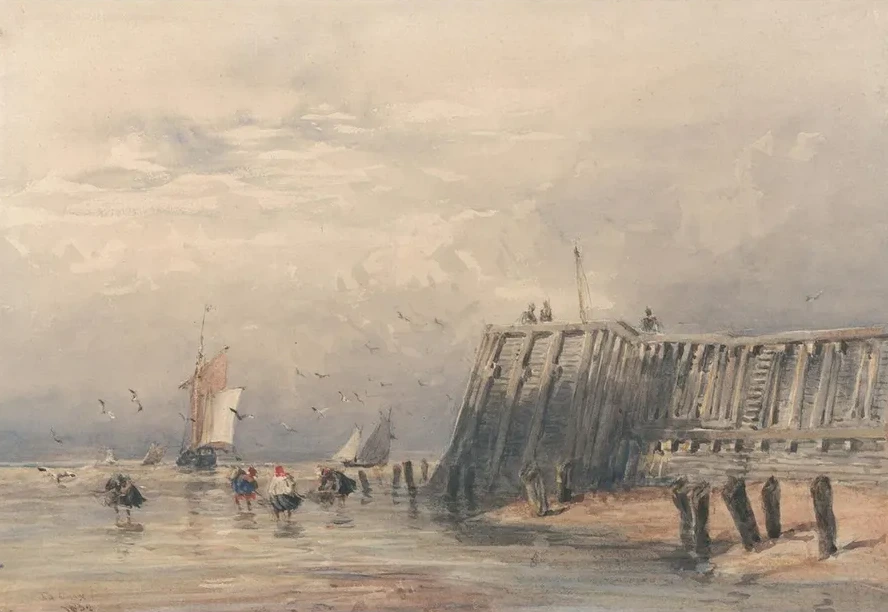 Sailing Barges and Shrimpers Off a Pier