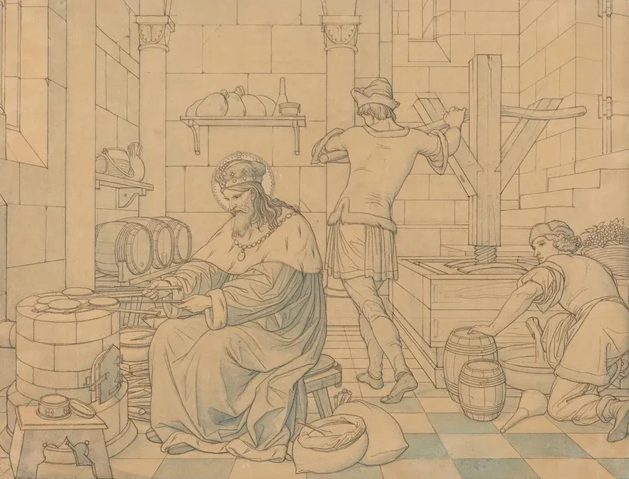 Saint Wenzel Cooking Hosts as Two Youths Press Wine