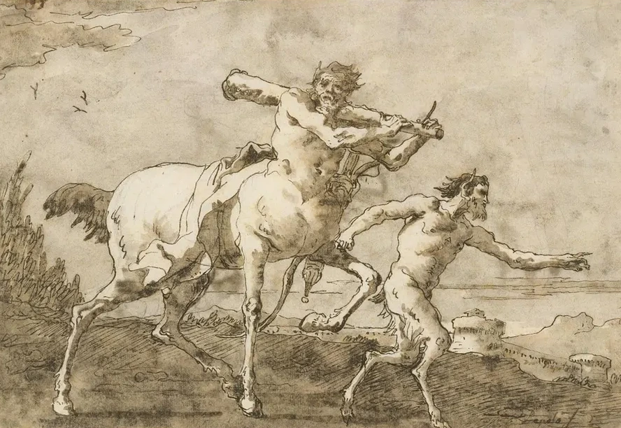 Satyr Leading a Centaur, Who Carries a Club, Bow and Quiver, Outside the Walls of a City