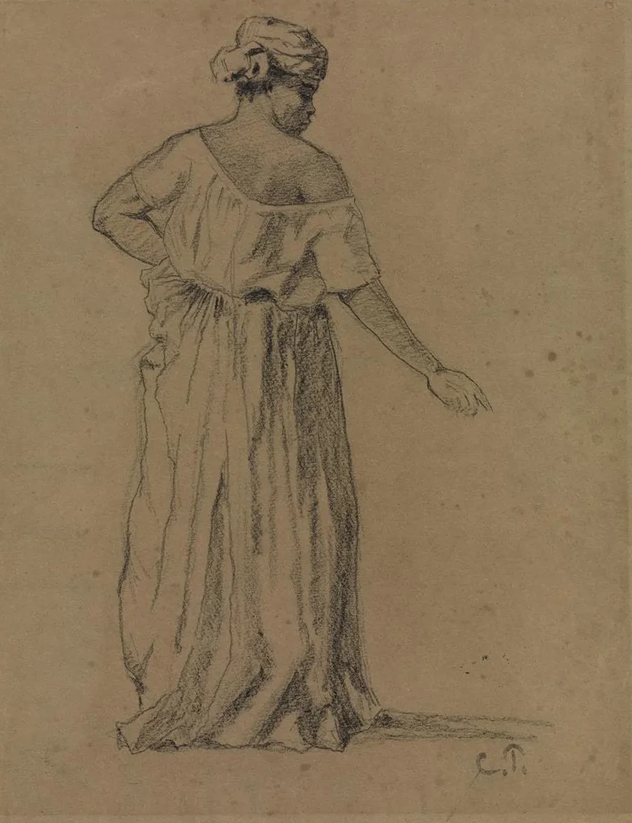 Schwarze Frau Mit Turban Und Langem Kleid in R Ckansicht