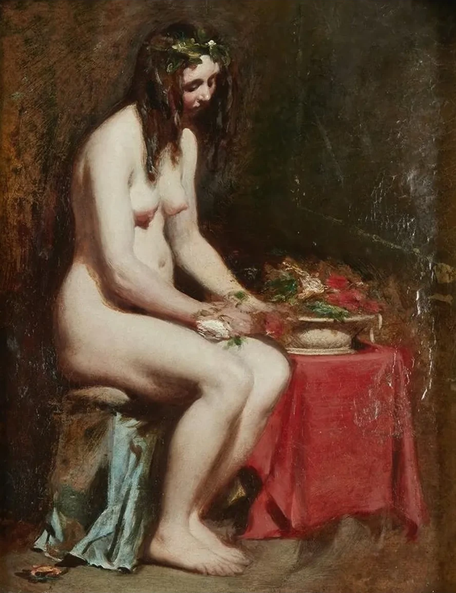 Seated Female Nude with Flowers in her Hair and a Still - Life by her Side