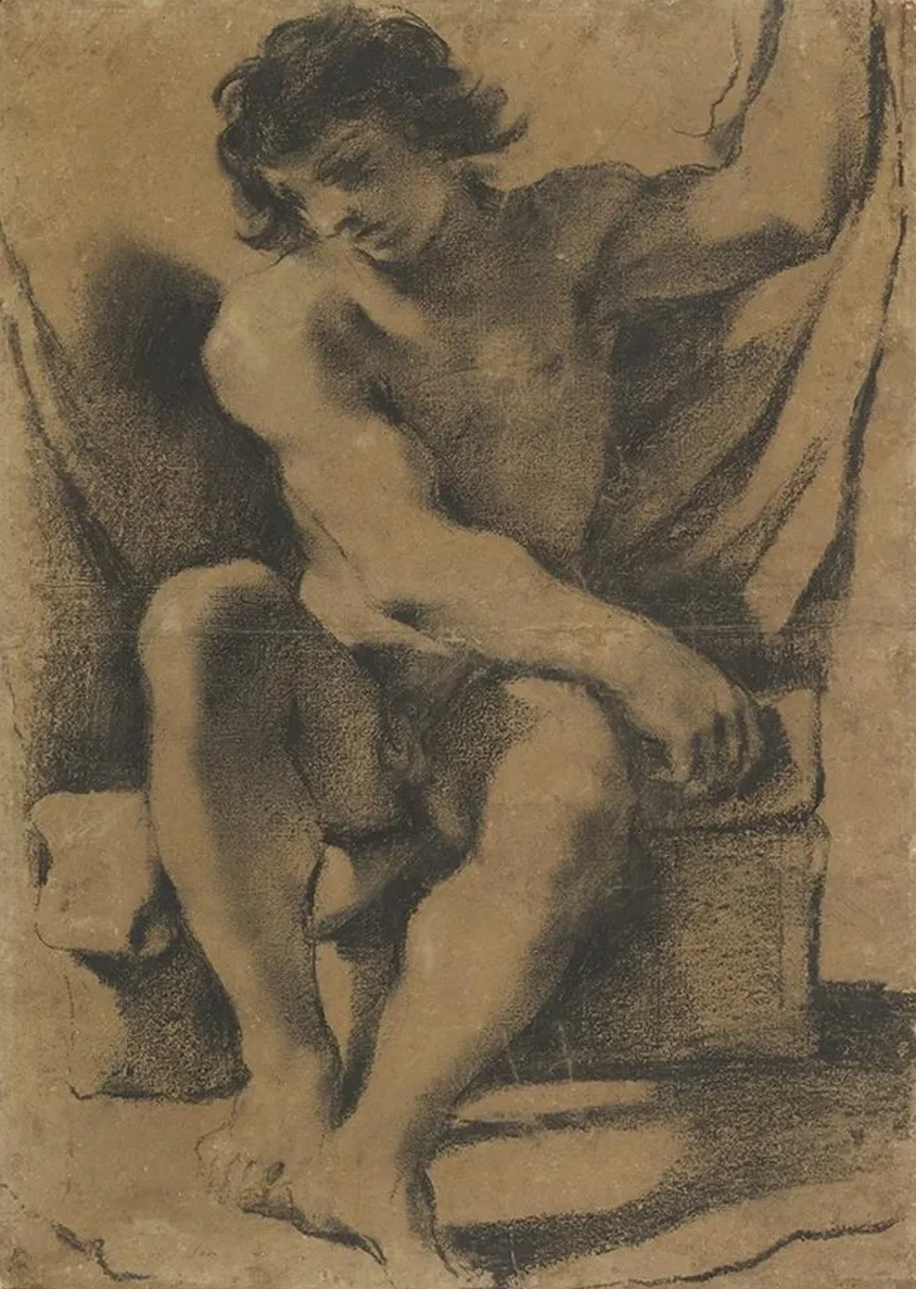 Seated Nude Young Man in Nearly Frontal View