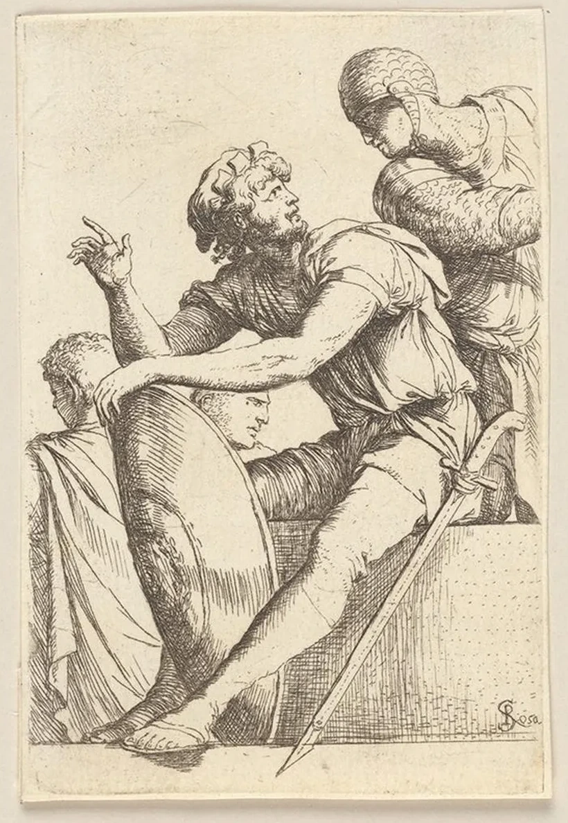 Seated Soldier with Shield and Two Other Figures