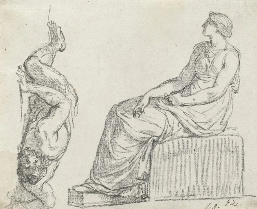Seated Woman and Man Sprawling on the Ground
