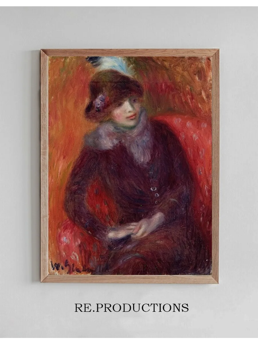 Seated Woman with Fur Neckpiece and Red Background