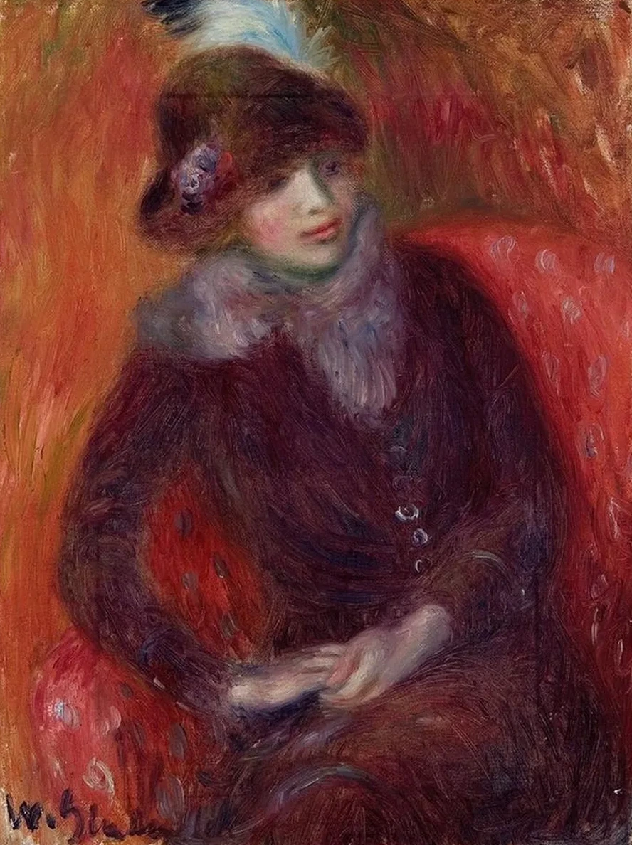 Seated Woman with Fur Neckpiece and Red Background