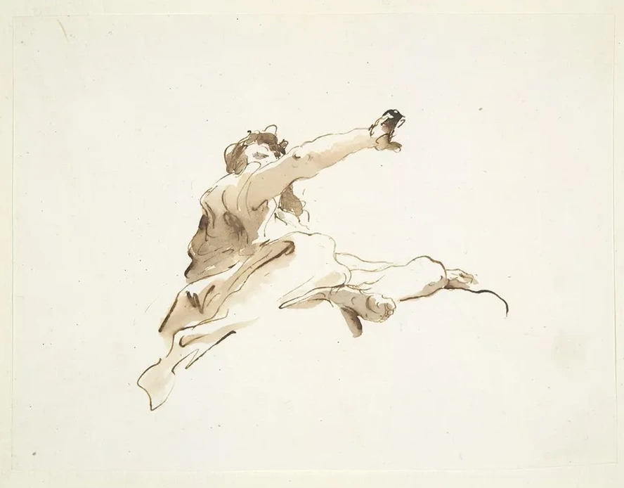 Seated Figure with Head Turned to the Left and Right Arm Raised, Seen Frombelow