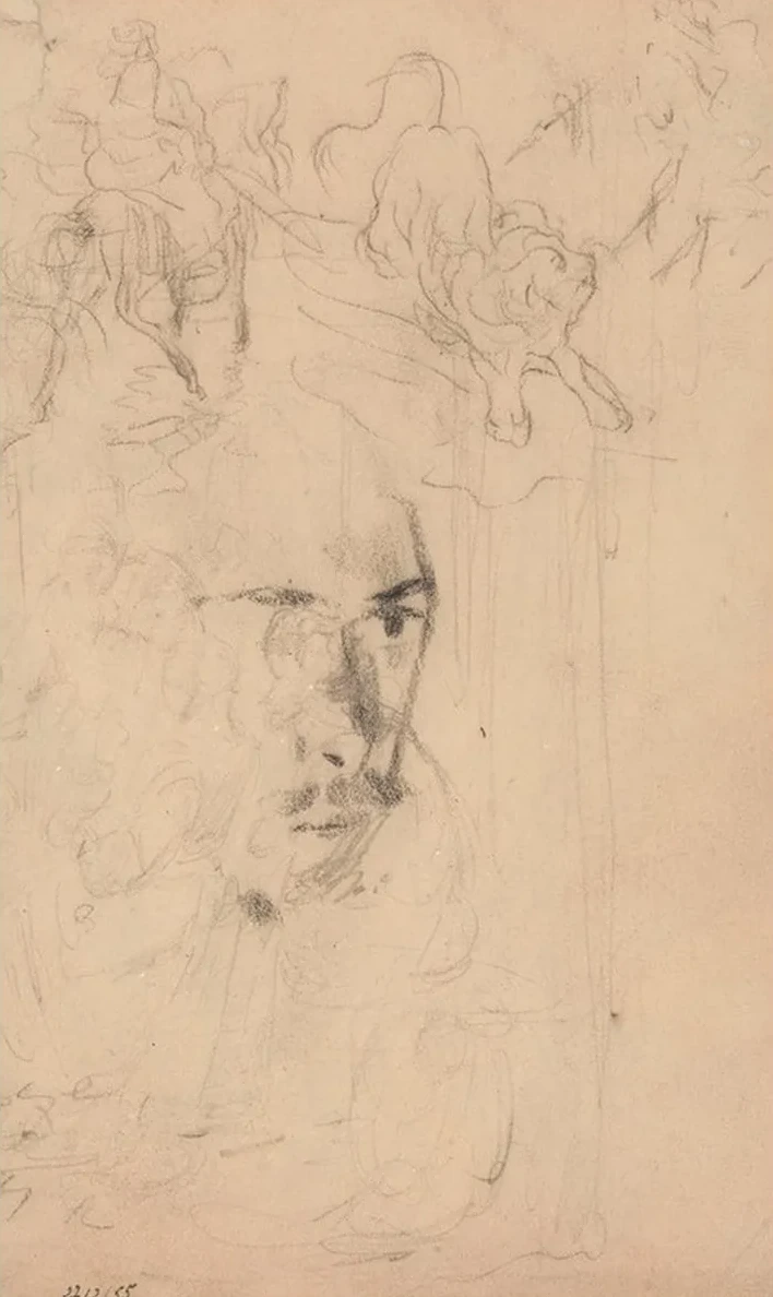 Self Portrait Below a Lion Hunt