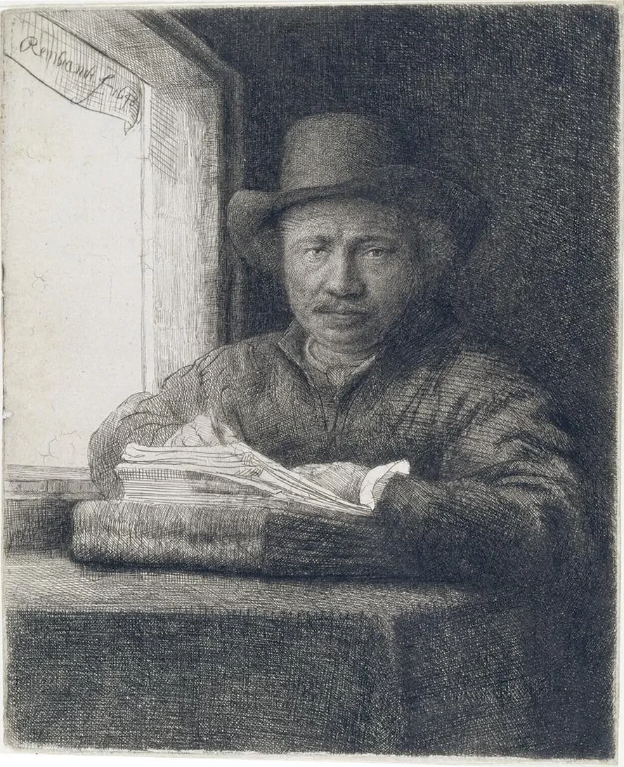 Self - Portrait Etching at a Window
